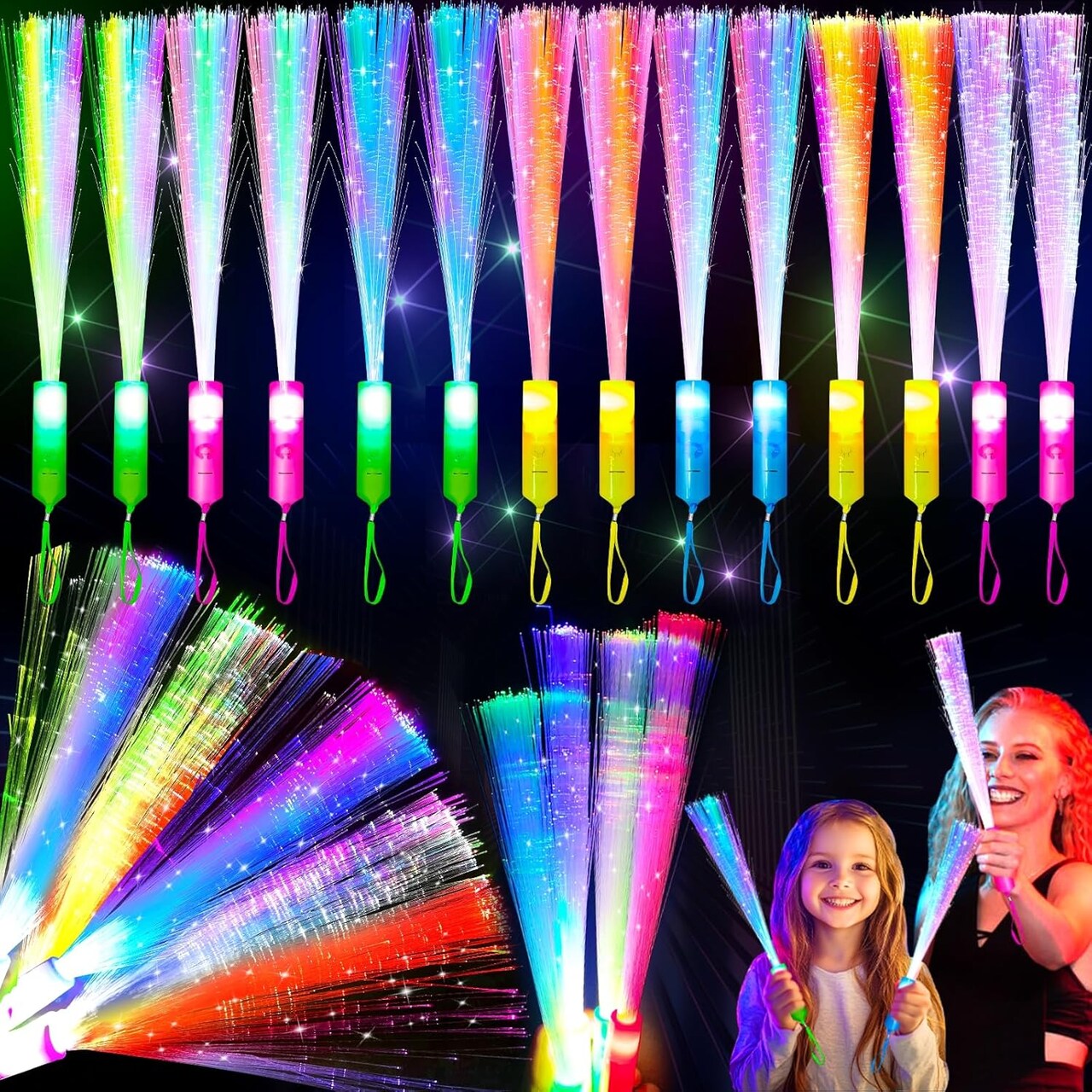 32 Pcs Colorful Glow Fiber Wands,Toys Glow Sticks Bulk Party Pack for Kids Adults,Glow in the Dark Party Supplies for Graduation, Wedding, Birthday,Classroom,Concert,Patriotic 4th of July Party Favors